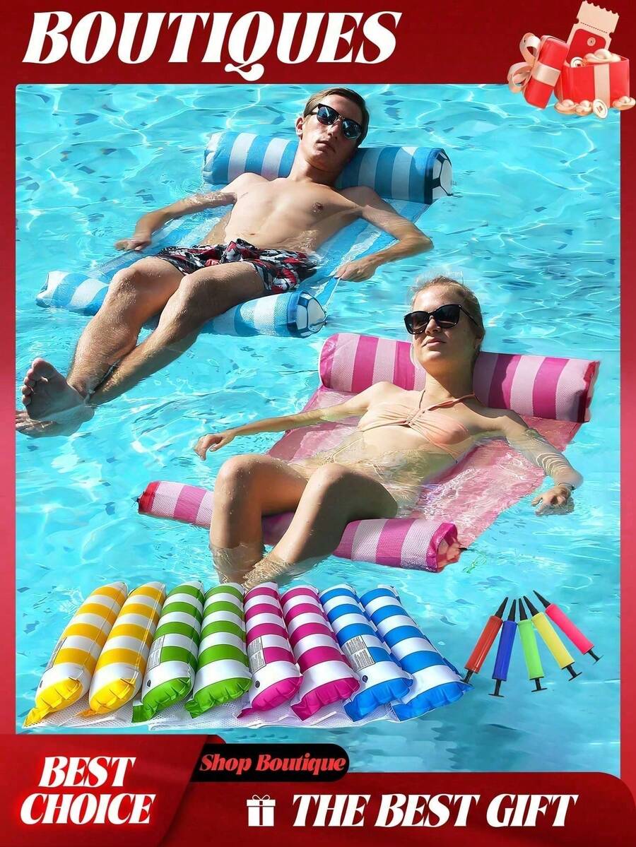 1 pieza Silla flotante inflable de PVC para adultos, adecuada para piscina y playa, portátil, sin necesidad de energía, cómoda y duradera, ligera, relajante, inflado rápido, adecuada para adultos - Cama flotante de doble tubo a rayas - Ver 1