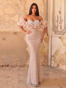 Faeriesty Elegant Alluring Long Sequin Evening Gown, With Ruffle Open Shoulder Sleeve Design, Beaded Details And Bust Padding, Suitable For Formal Celebration Occasions Wedding Party - Apricot - View 6