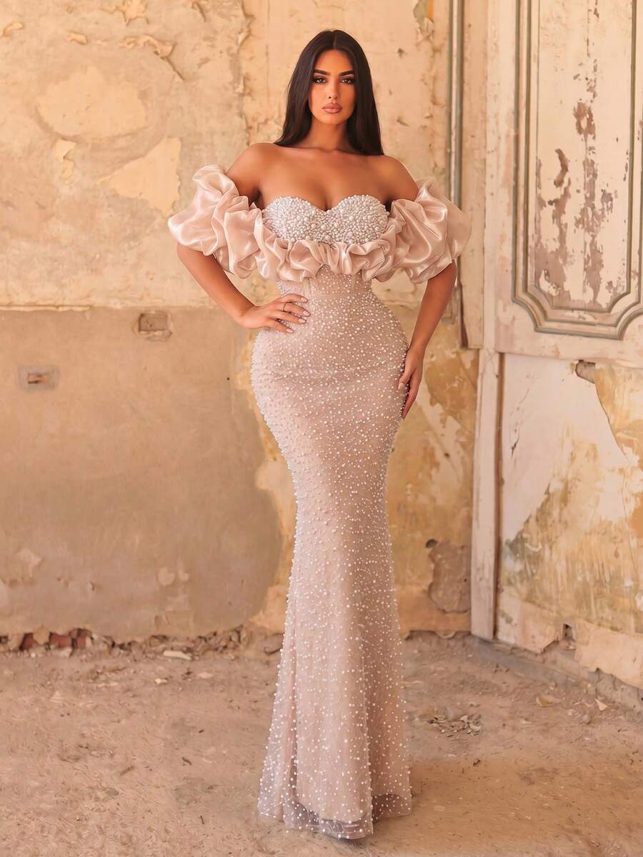 Faeriesty Elegant Alluring Long Sequin Evening Gown, With Ruffle Open Shoulder Sleeve Design, Beaded Details And Bust Padding, Suitable For Formal Celebration Occasions Wedding Party