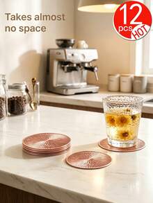 12pcs Gold Fireworks Cocktail Coasters, PVC (Polyvinyl Chloride) Material 3.94inch Round Coffee Coasters, Washable, Easy To Clean, Wipeable, Non-Slip, Heat Resistant, For Room Decoration, Home Table Decoration, Home Decor, Suitable For Holidays, Parties, Birthdays, Weddings And Dinner Parties - Multicolor - View 9