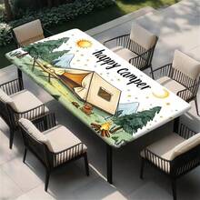 1pc Happy Camping & Picnic Pattern Elastic Tablecloth, Outdoor Camping & Patio Essential, Rectangular Tablecloth With Camper & Nature Design, Durable Tablecloth, Picnic Table Cover - A - View 9
