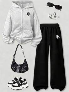 Teen GirlZip-Up Hoodie Jacket + Casual Long Pants 2-Piece Set, Campus Style Graphic Print, Autumn/Winter Outfit, Suitable For Back To School - Grey - View 1