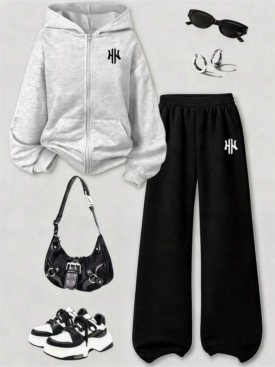 Teen GirlZip-Up Hoodie Jacket + Casual Long Pants 2-Piece Set, Campus Style Graphic Print, Autumn/Winter Outfit, Suitable For Back To School - Grey - View 1