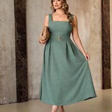ghadjgyjad Roveilla Vestido maxi holgado sin mangas con cuello cuadrado de punto de bambú de unicolor, cinturón con hebilla metálica, talla grande, verde militar, elegante, estilo retro francés, formal, oficina, casual, vacaciones, té de la tarde, minimalista, versátil, primavera/verano, nuevos vestidos de verano para mujeres, vestidos formales, vestidos casuales elegantes, vestidos clásicos de oficina para damas - Verde - Ver 5
