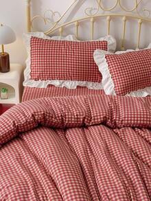 3pcs Plaid Floral Print Bedding Set Including Duvet Cover And Pillowcases (No Filler), Soft And Breathable Fabric Suitable For All Seasons, Duvet Cover With Zipper For Easy Washing,Fall Decor,Autumn Decor,Room Decor - Red - View 5
