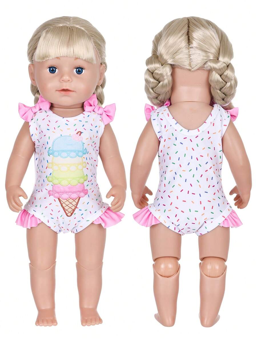 1PC 16-18IN Children Doll Ice Cream Print Doll Bodysuit, Rainbow Sprinkles Pattern With Ruffle Bow Shoulder Strap Design, Playful Doll Dress-Up Outfit, Kids Dress-Up Game, Children's Birthday Gift, Gift For Children, Surprise Gift For Kids, Realistic Doll, Suitable For Reborn Doll Clothing (Doll Not Included) - Multicolor - View 1