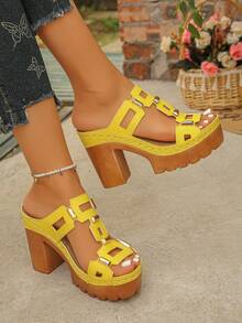 Women's High Heel Sandals Metal Buckle Wide Strap Lightweight Comfortable Chunky Heel Casual Commute Slip-On Sandals Slides, Platform Heels - Yellow - View 4