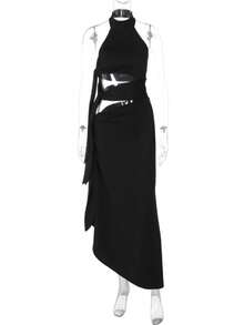 Vestido Halter Calado Cintas Corte Abierto Nuevo - Negro - Ver 3