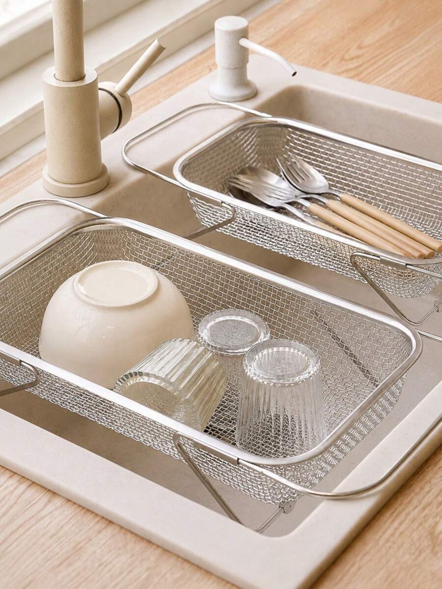 Expandable Stainless Steel Over-The-Sink Drain Basket, Adjustable Colander Strainer For Fruits, Vegetables & Dishes, Kitchen Accessories Home Gadgets, Camping Essentials For BBQ, Summer Essentials For Outdoor & Picnic - One Size - View 1