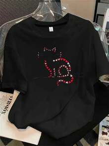 Top de mujer de manga corta y cuello redondo con estampado de corazones, apto para todas las estaciones. - Negro - Ver 1