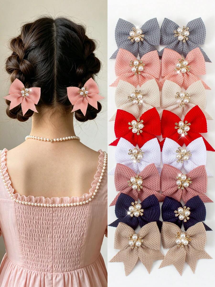 8pcs Vintage Textured Fabric Bow Pearl Rhinestone Barrettes, Cute Girl's Hair Clips, Suitable For Daily Wear And Party, Autumn/Winter - Multicolor - View 1