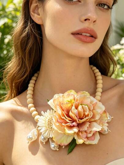 Vintage Bohemian Style Floral Beaded Choker Necklace, Handmade Baroque Pearl Tassel Necklace Suitable For Countryside Style And Weddings