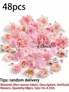48入混色花頭套組，1-4.33英吋。人造絲綢玫瑰、牡丹及其他花頭，適用於春夏裝飾。適合婚禮與訂婚花藝布置、新娘花束、手工花藝、居家裝飾、主題派對、DIY花環、包袋、畢業帽及桌面中心裝飾。四季皆宜。 - 彩色 - 查看 8