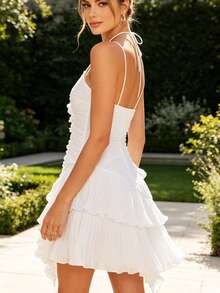 Vestido midi de gasa elegante, con pliegues y volantes, corte delgado, estilo moda rápida occidental - Blanco - Ver 3