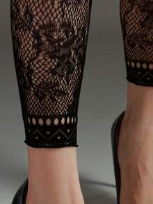 Leggings de talla grande para mujer con alta elasticidad, jacquard y red hasta el tobillo, medias góticas con estampado floral, medias de malla negras sexys y de moda - Negro - Ver 9