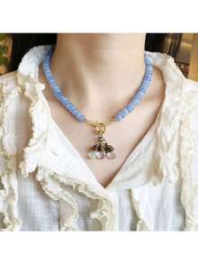 Beaded Gemstone Necklace For Women, Pure Color Boho Bead Choker Natural Stone Surfer Beach Rainbow Beads 18K Gold Plated DIY Handmade Jewelry Charm - 藍色 - 查看 4