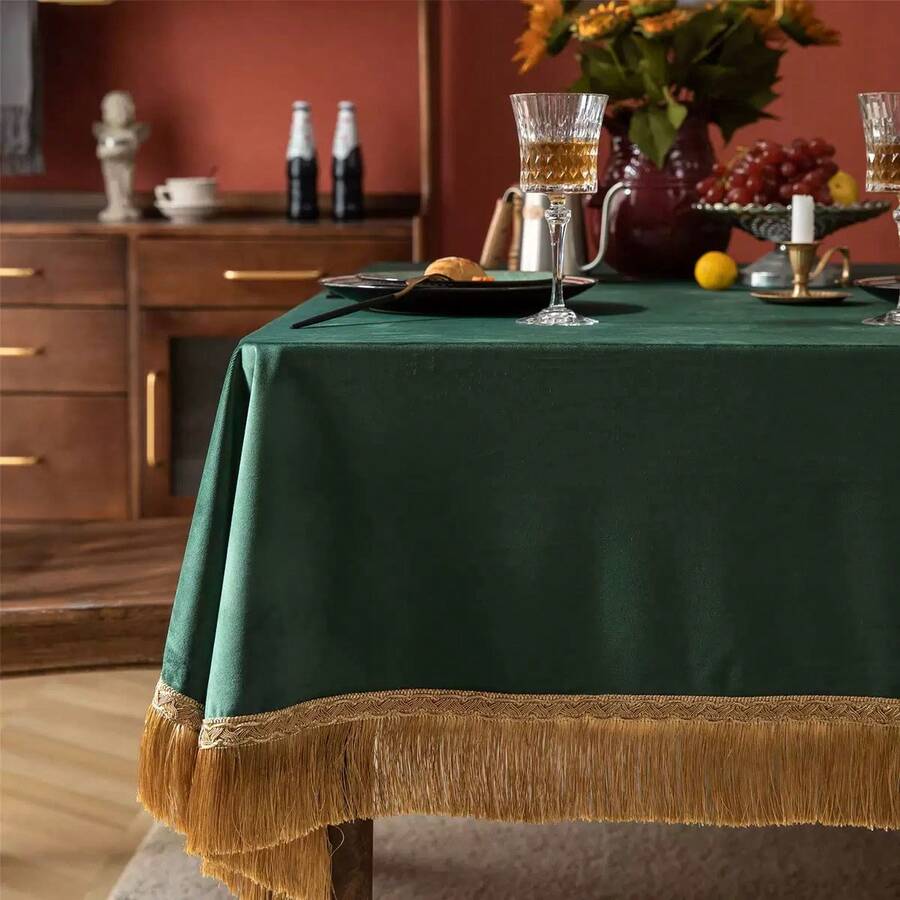 1 pieza Mantel de tela de terciopelo premium con borla, estilo borla grande, tela suave, mantel decorativo para fiesta de cóctel, mantel decorativo para comedor del hogar - Verde Oscuro - Ver 1