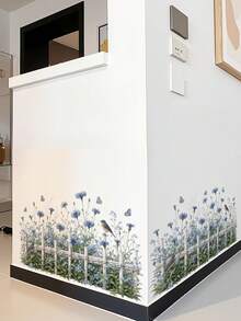 2pcs Blue Plant Flower Fence & Baseboard Pastoral Plant Stickers, Spring Home Decor, Mixed Colors, Self-Adhesive PVC Wall Decals - 68022-sulan Xiaoyu - View 6