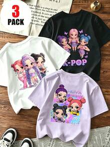 3pcs/Set Young Girl Casual Funny Print Round Neck Short Sleeve T-Shirt, Summer Top - White - View 1