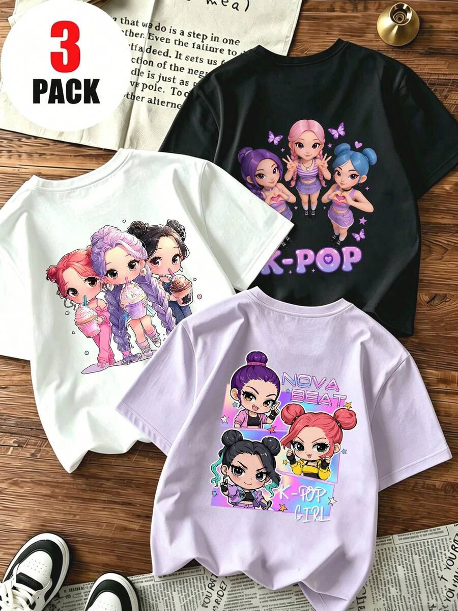 3pcs/Set Young Girl Casual Funny Print Round Neck Short Sleeve T-Shirt, Summer Top - White - View 1