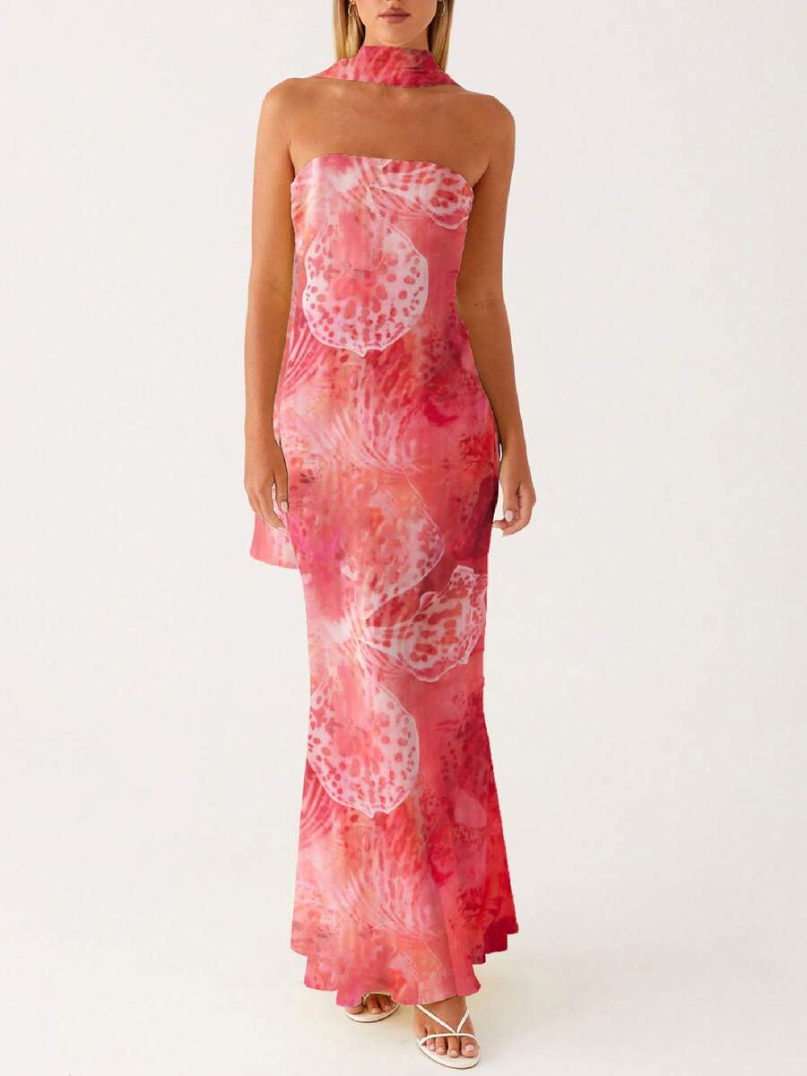 Womens Floral Strapless Dress Y2k Backless Sleeveless Tube Maxi Long Dresses Sexy Mesh Bodycon Summer Beachwear - 玫紅色 - 查看 1