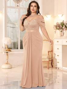 Plus Size Deep V-Neck Sequin Floral Lace Cut Out Shoulder Contrast Ruched Draped Front Mermaid Hem Evening Party Formal Dress, Wedding Guest Summer - Champagne - View 7