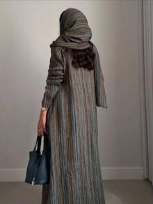 1pc Women's Long Robe, Vintage Striped Women's Long Robe, Breathable Long Sleeve Cardigan Fall - Green - View 5