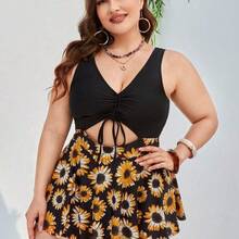 Nana's Women's Clothing Store Swim Lushoire Vestido de baño a la playa de talla grande con estampado de girasol y cordón - Negro01 - Ver 4