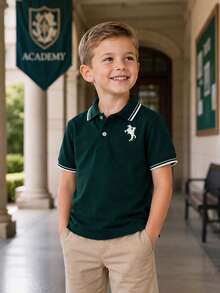 Young Boy Knight Embroidery Pattern Casual Versatile Commute Short Sleeve Polo Shirt - Dark Green - View 3