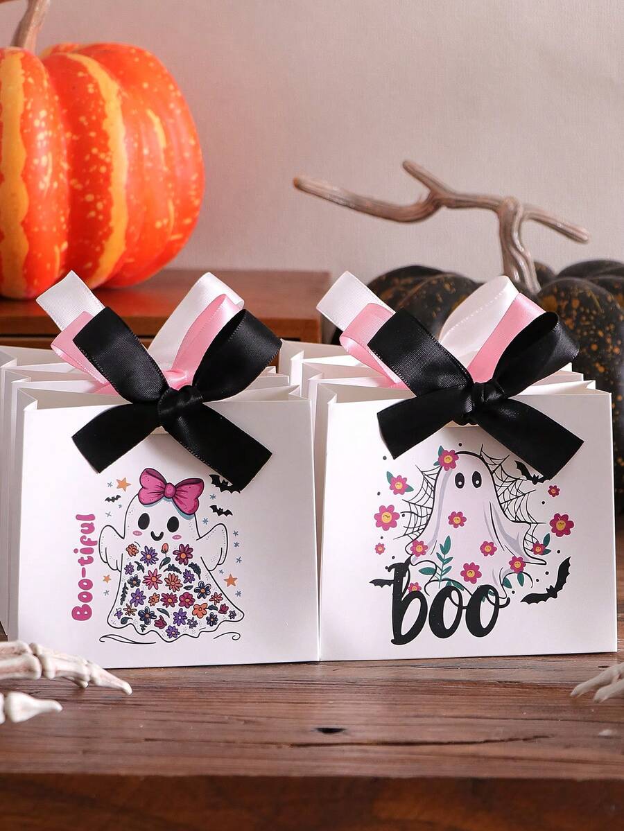 Halloween Paper Gift Box, White Cartoon Ghost & Flower Pattern Gift Packaging Box, Black & Pink Ribbon Decoration, Boo Theme, Special Packaging For Ghost Festival Party & Celebration Events