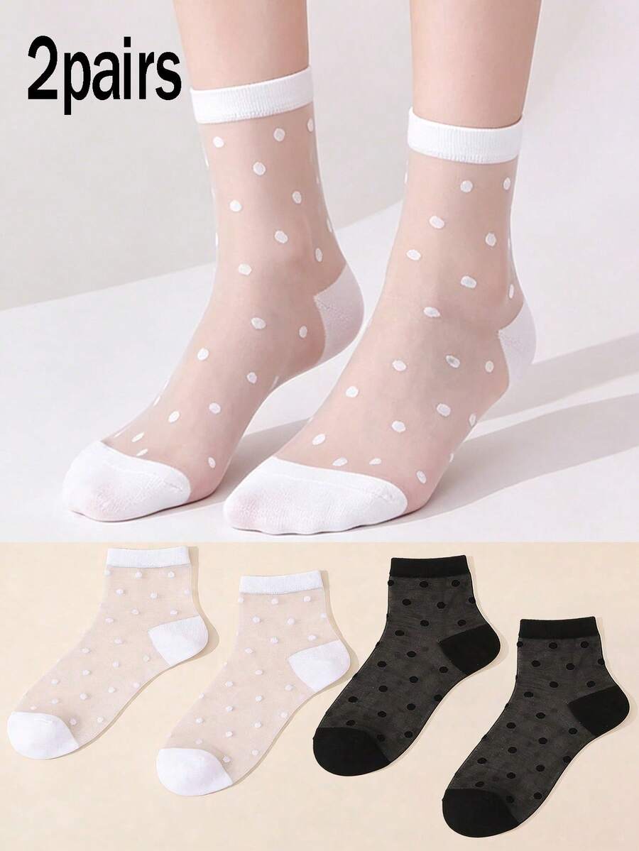 2 Paar Mädchen Polka Dot Mesh atmungsaktive dünne Knöchelsocken, süß und niedlich für den täglichen Mädchen-Gebrauch, Frühling/Sommer - Verschiedenfarbig - Übersicht 1
