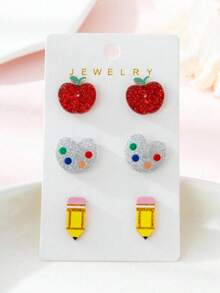 3 Pairs/Set Teacher's Day Colorful Apple Painting Pencil Design Girls Stud Earrings Set, Gift For Teachers And Classmates - Multicolor - View 1