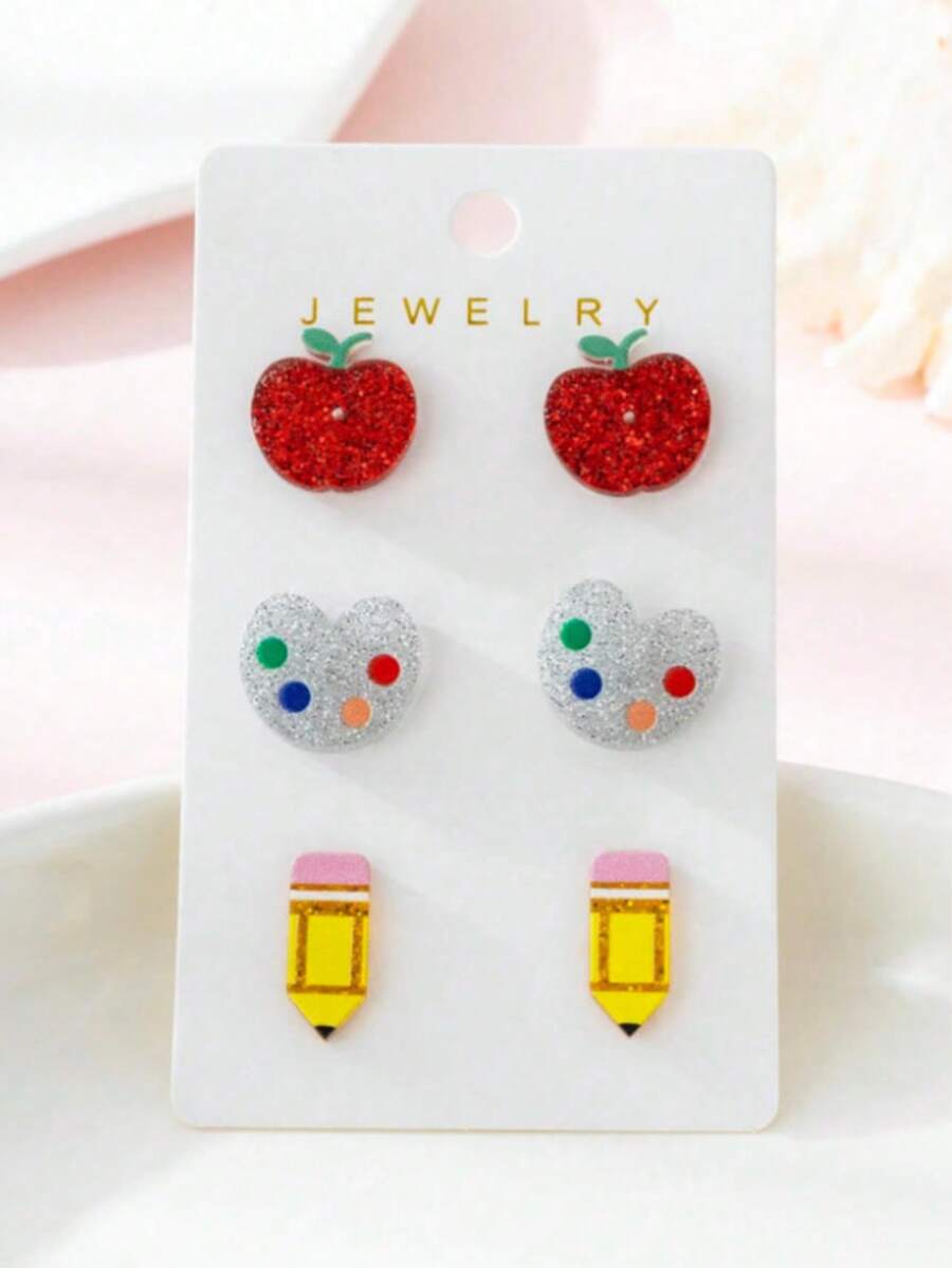 3 Pairs/Set Teacher's Day Colorful Apple Painting Pencil Design Girls Stud Earrings Set, Gift For Teachers And Classmates - Multicolor - View 1