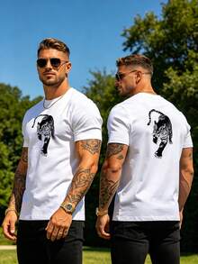 T-shirt simples estampada para homem, top casual com gola redonda, adequada para deslocações diárias e como acessório de estilo urbano. - Branco - Ver 2