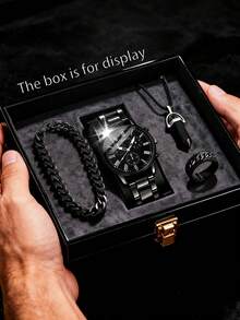 Set Jam Tangan Pria Gaya Gelap 4 Buah, Termasuk Jam Tangan Quartz Kronograf Tiga Mata dengan Tali Baja Hitam, Gelang Rantai Kuba, Kalung Liontin Kristal Hitam, dan Cincin Pola Berpilin - Hitam - View 5