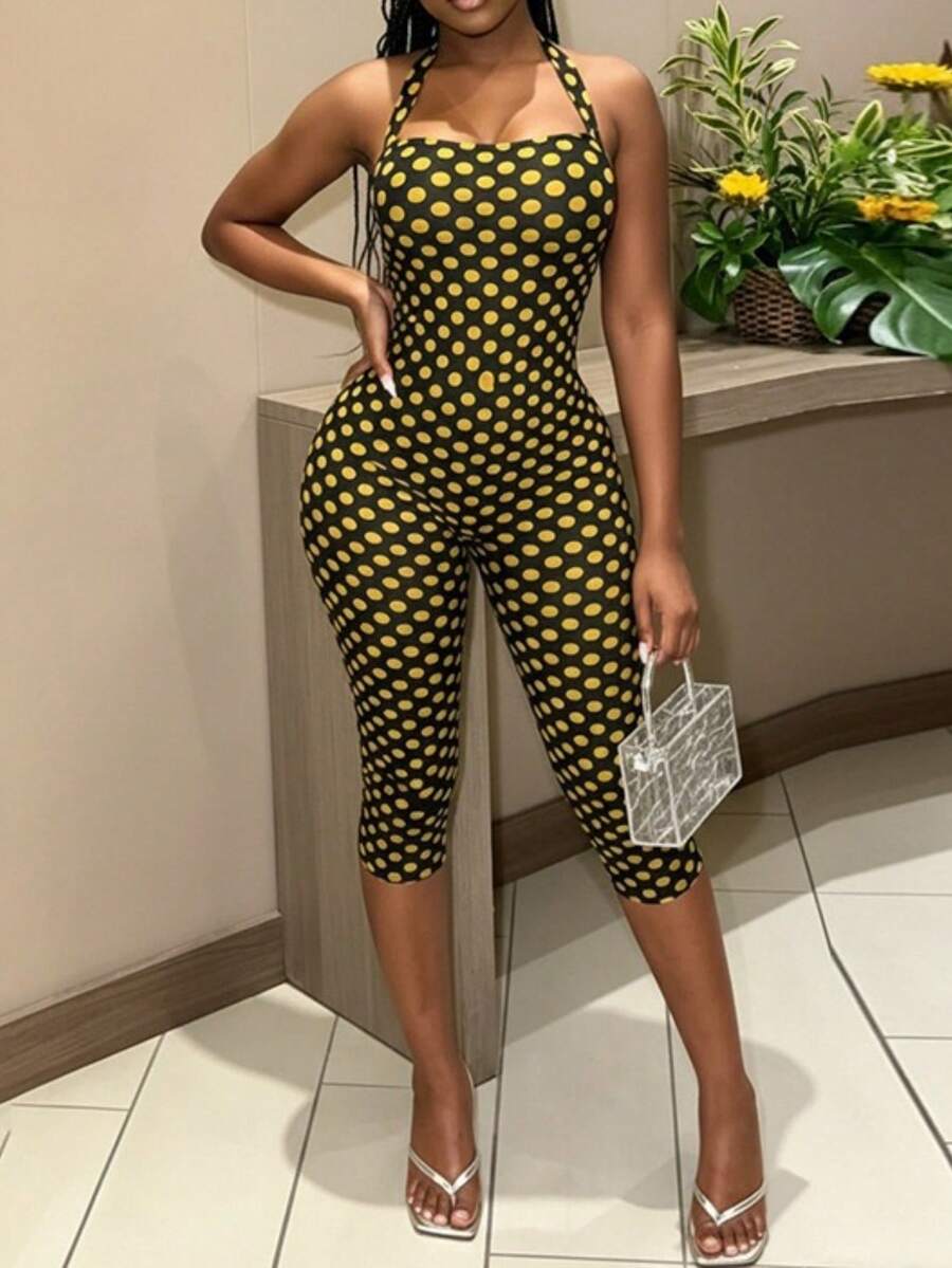 Y2K Polka Dot Print Halter Backless Capri Jumpsuit, Bodycon Sleeveless Unitard For Nightclub & Streetwear - 黃色 - 查看 1