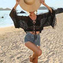 Nuevaúnica de playa con estampado de conchas:única para el bikini con flecos y mangas acampanadas que protege del sol - Blanco - Ver 3