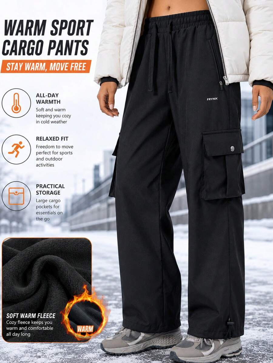 Women Fleece Lined Cargo Hiking Pants, Thermal Warm Outdoor Trousers, Multi Pockets Casual Sports Trekking Joggers, Soft Thickened Bottoms For Autumn Winter Daily Wear Camping Travel Walking Outdoor Activities - Black - View 1