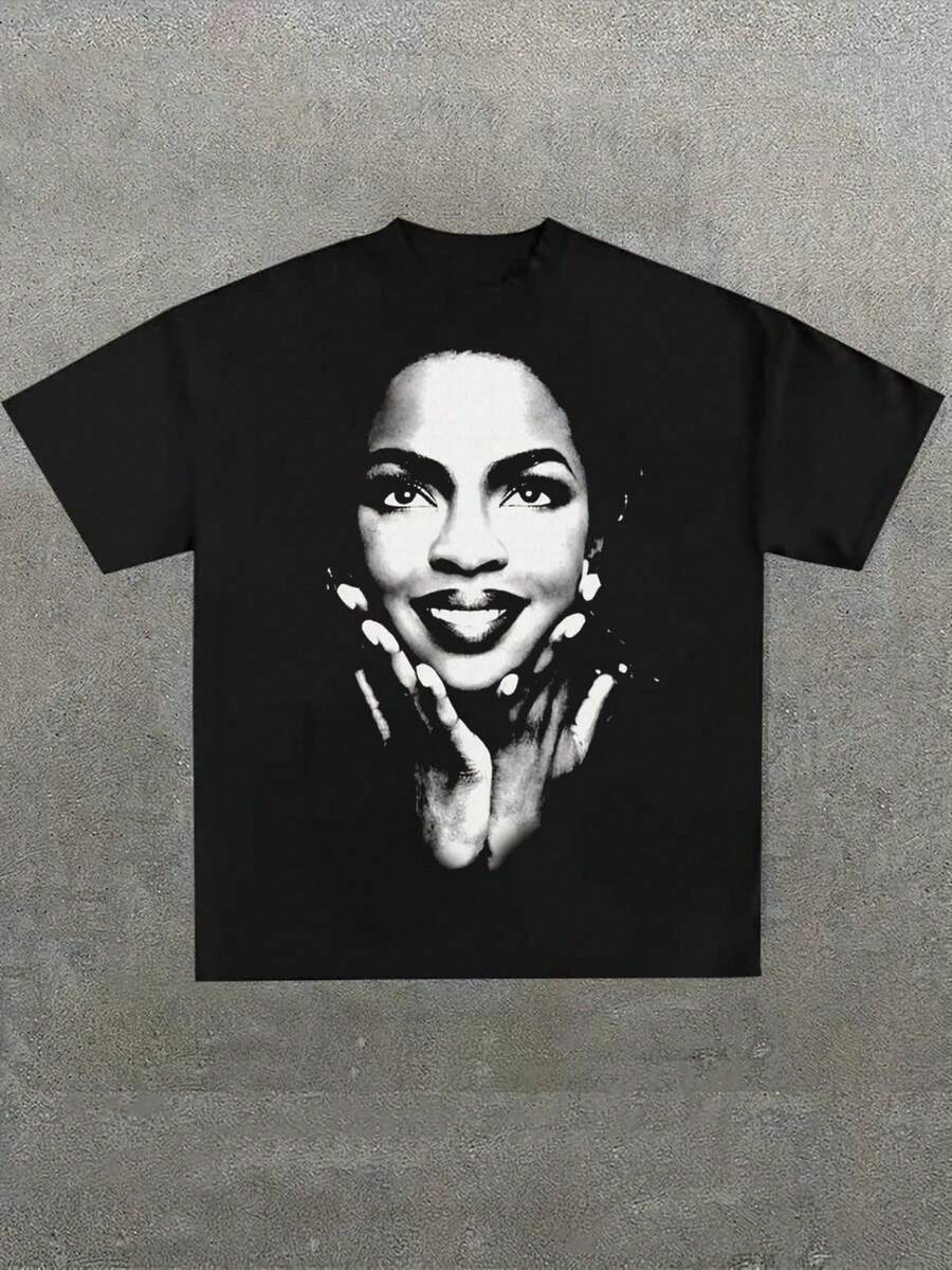 Lauryn Hill "Dreadlocks" Retro Graphic T-Shirt With Vintage Studio Portrait Print, Casual Print, Comfortable And Versatile, 100% Thick 220g Cotton, Unisex Style, 1 Piece - 黑色 2 - 查看 1