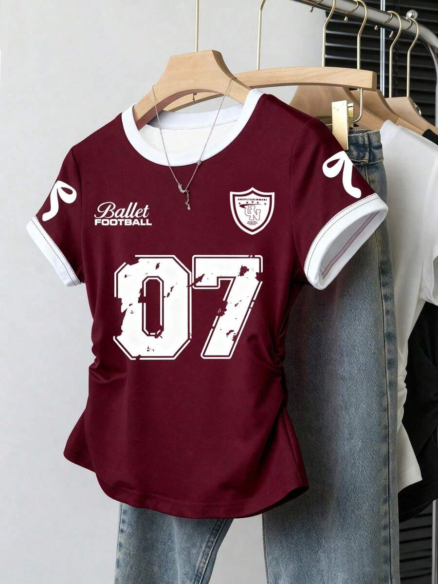 Camiseta ajustada de mujer con estampado de letras, silueta estilizante, estilo casual/al aire libre, nueva llegada de verano, color rojo - Burdeos 4 - Ver 1