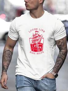 Camiseta de manga corta con cuello redondo para hombre, estilo casual de verano, estampada con las palabras Loose lips sink ship - mezcla de poliéster, ligeramente elástica, tejido de - Negro - Ver 9