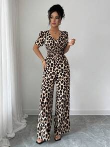 Vestido Pantalón Casual Elegante de Estilo Vacacional con Cuello en V, Estampado Aleatorio y Corte Aleatorio, Nueva  de Primavera/Verano Europea y Americana - Albaricoque - Ver 1