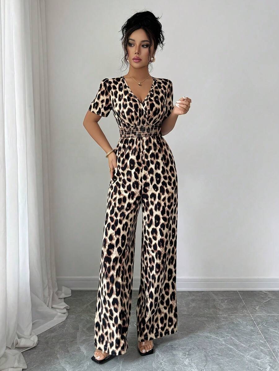 Vestido Pantalón Casual Elegante de Estilo Vacacional con Cuello en V, Estampado Aleatorio y Corte Aleatorio, Nueva de Primavera/Verano Europea y Americana - Albaricoque - Ver 1