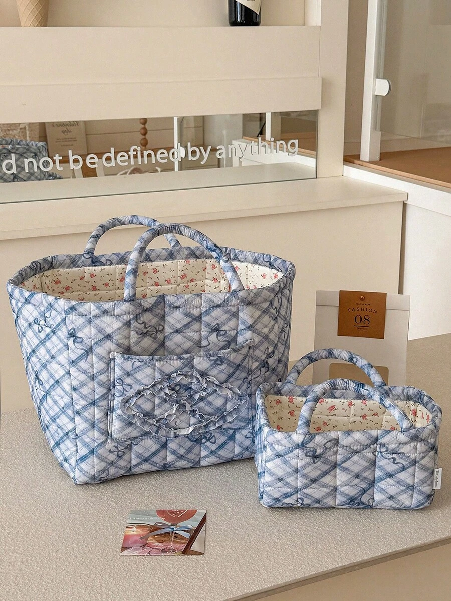 Large Capacity Bow-Patterned Home Storage Basket,Diamond Pattern Laundry Basket,Desktop Storage Basket With Handle,Off-Season Clothes Storage Basket, - Multicolor - View 1