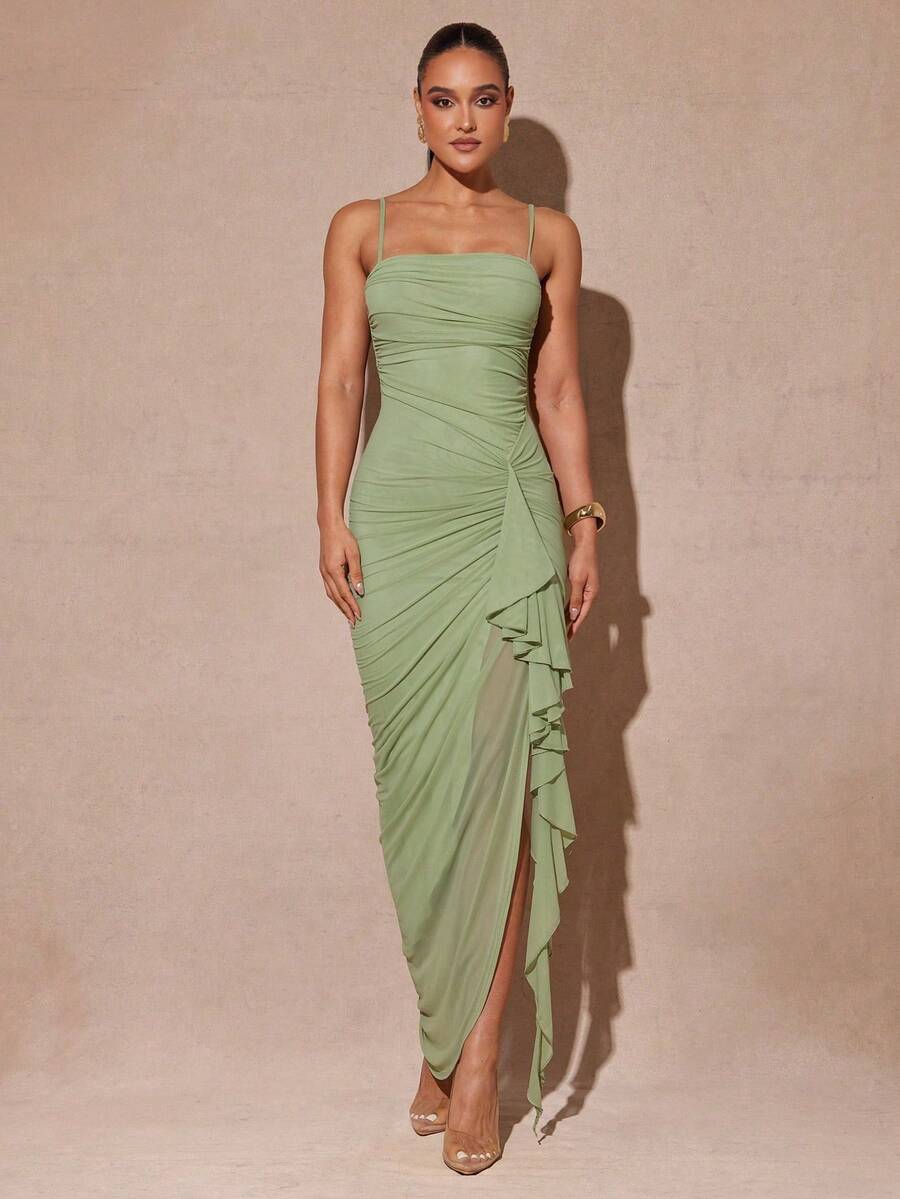 sfvsSilquee Elegante vestido largo con abertura alta, mangas con volantes y color verde salvia romántico.Vestido de fiesta ajustado con encaje, adecuado para el Día de San Valentín, citas, bodas, bailes de graduaciónvfdw 2ENF - Verde - Ver 1