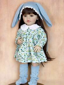 55 CM Full Vinyl Body Reborn Baby Doll Toy Dress Up Brown Long Hair Princess Toddler Sweet Doll Handmade Birthday Gift Toy Doll Set With Pacifier And Bottle - 乙烯基身體娃娃 - 查看 5