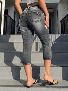 Jkorea High Waisted Capri Jeans - Light Wash Slim Fit Cropped Skinny Denim - 灰色 - 查看 2