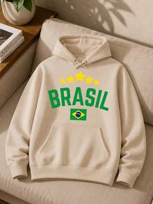 Kangaroo Hoodie Sweatshirt With Brazil Print, Green And Yellow, World Cup Fan Team Design, Premium Cotton, Various Colors - 米色 - 查看 1