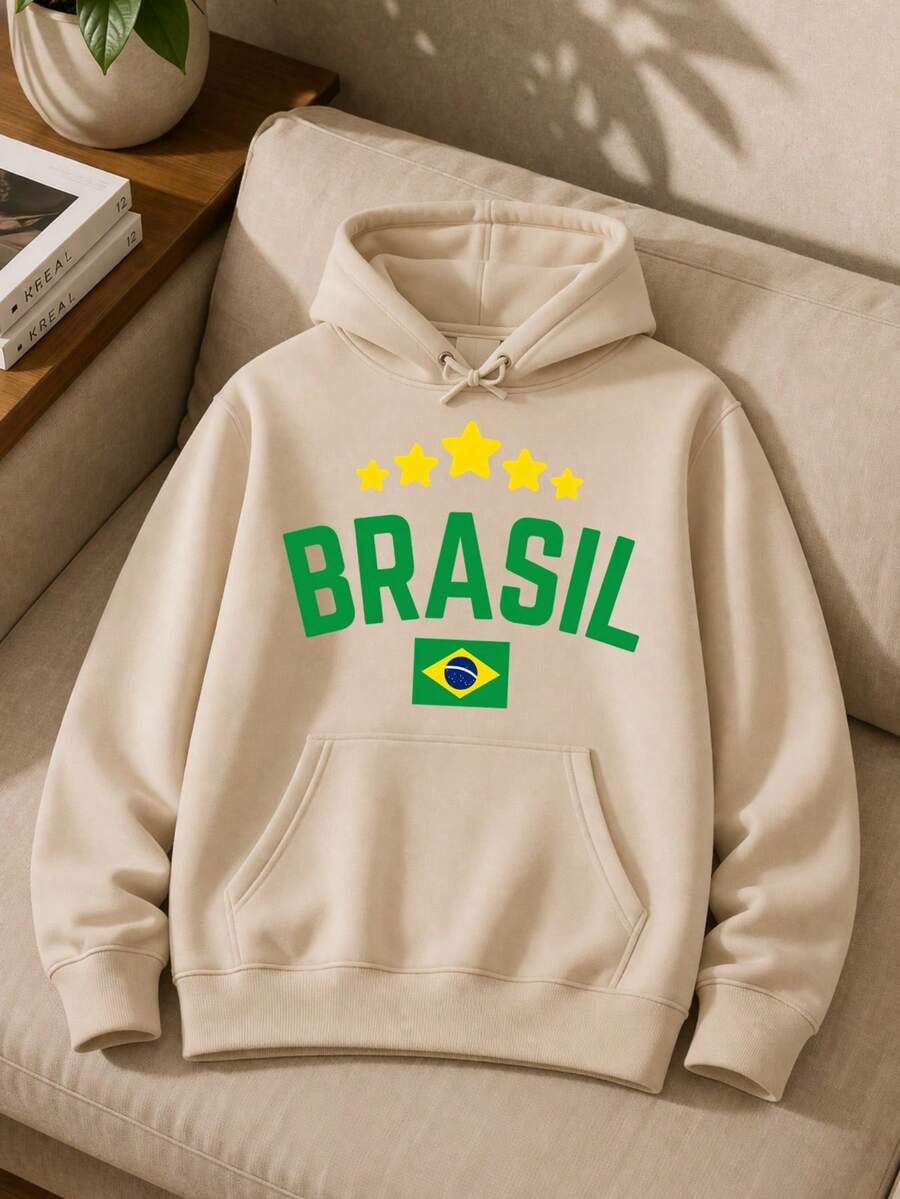 Kangaroo Hoodie Sweatshirt With Brazil Print, Green And Yellow, World Cup Fan Team Design, Premium Cotton, Various Colors - 米色 - 查看 1