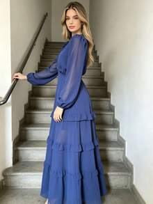 Women's Long Chiffon Dress With Long Sleeves, V-Neck, Ruffled Hem And Lining. - azul real - Ver 2